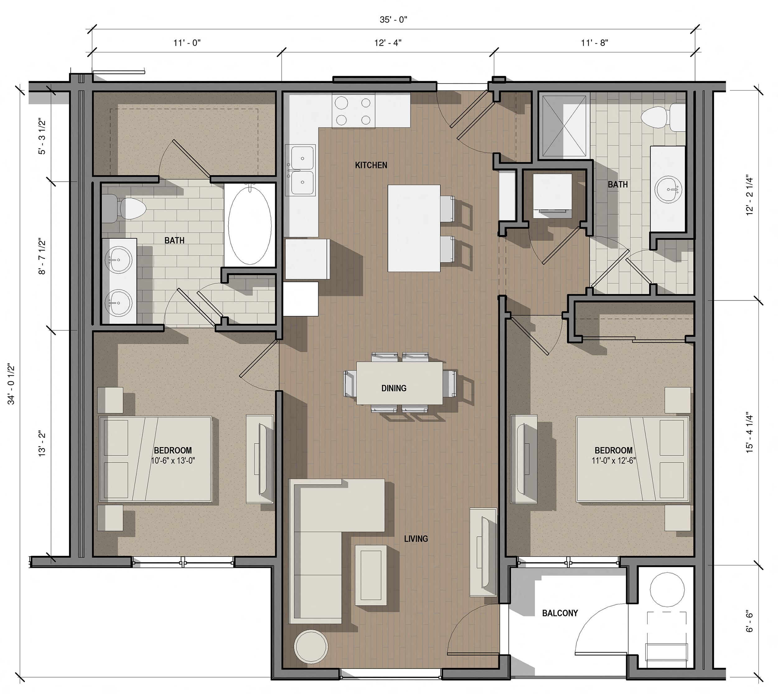 Floor plan for 2 beds, 2 baths, 1115 sqft