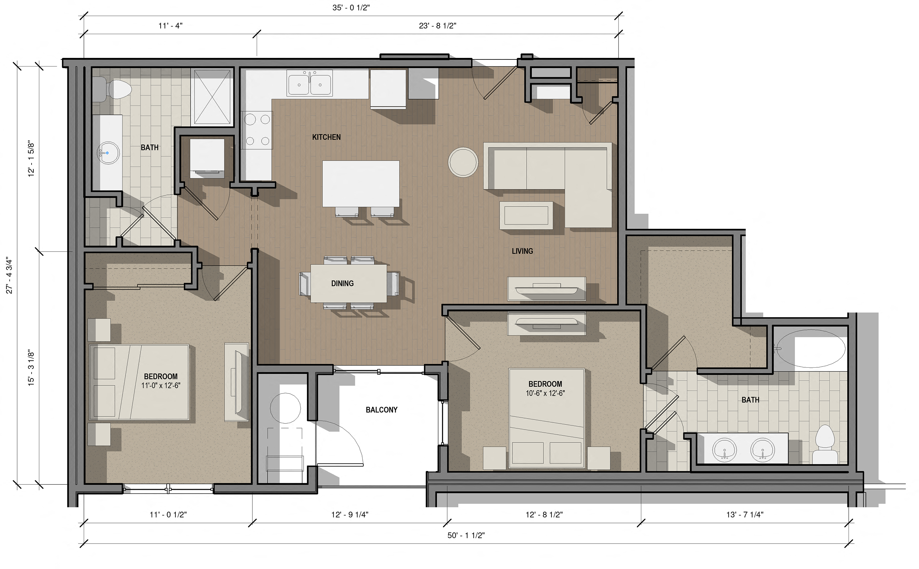 Floor plan for 2 beds, 2 baths, 1127 sqft