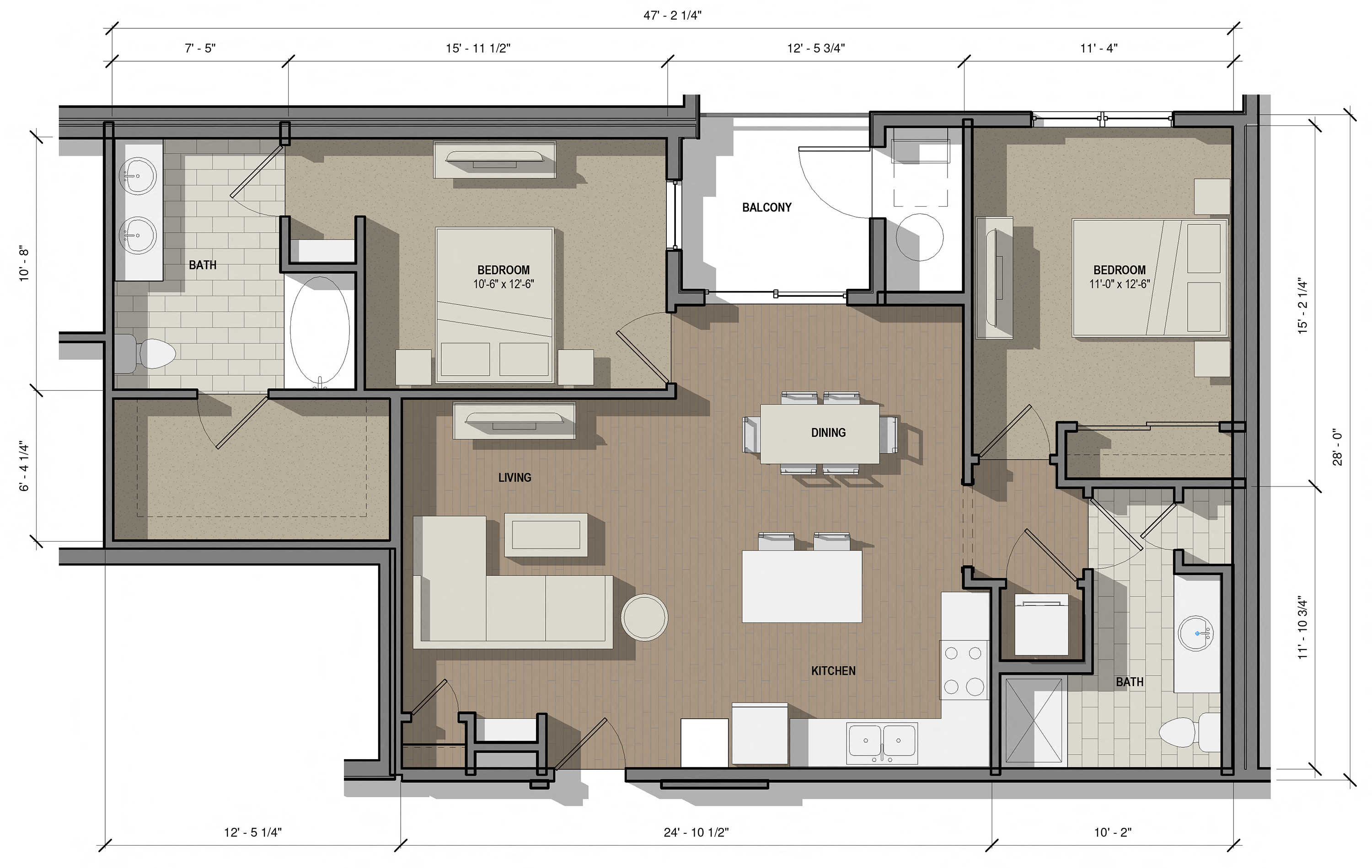 Floor plan for 2 beds, 2 baths, 1142 sqft