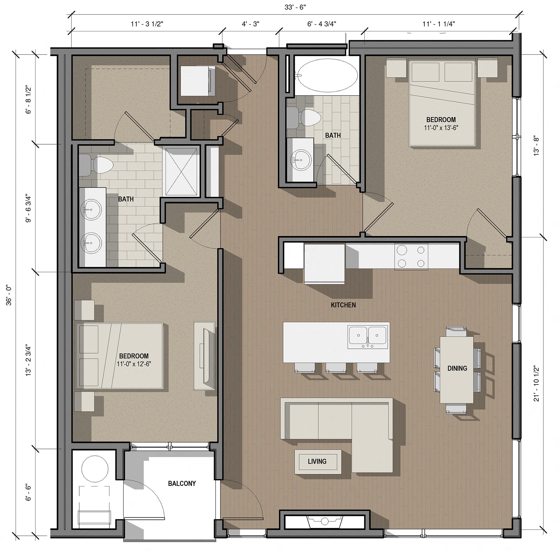 Floor plan for 2 beds, 2 baths, 1192 sqft