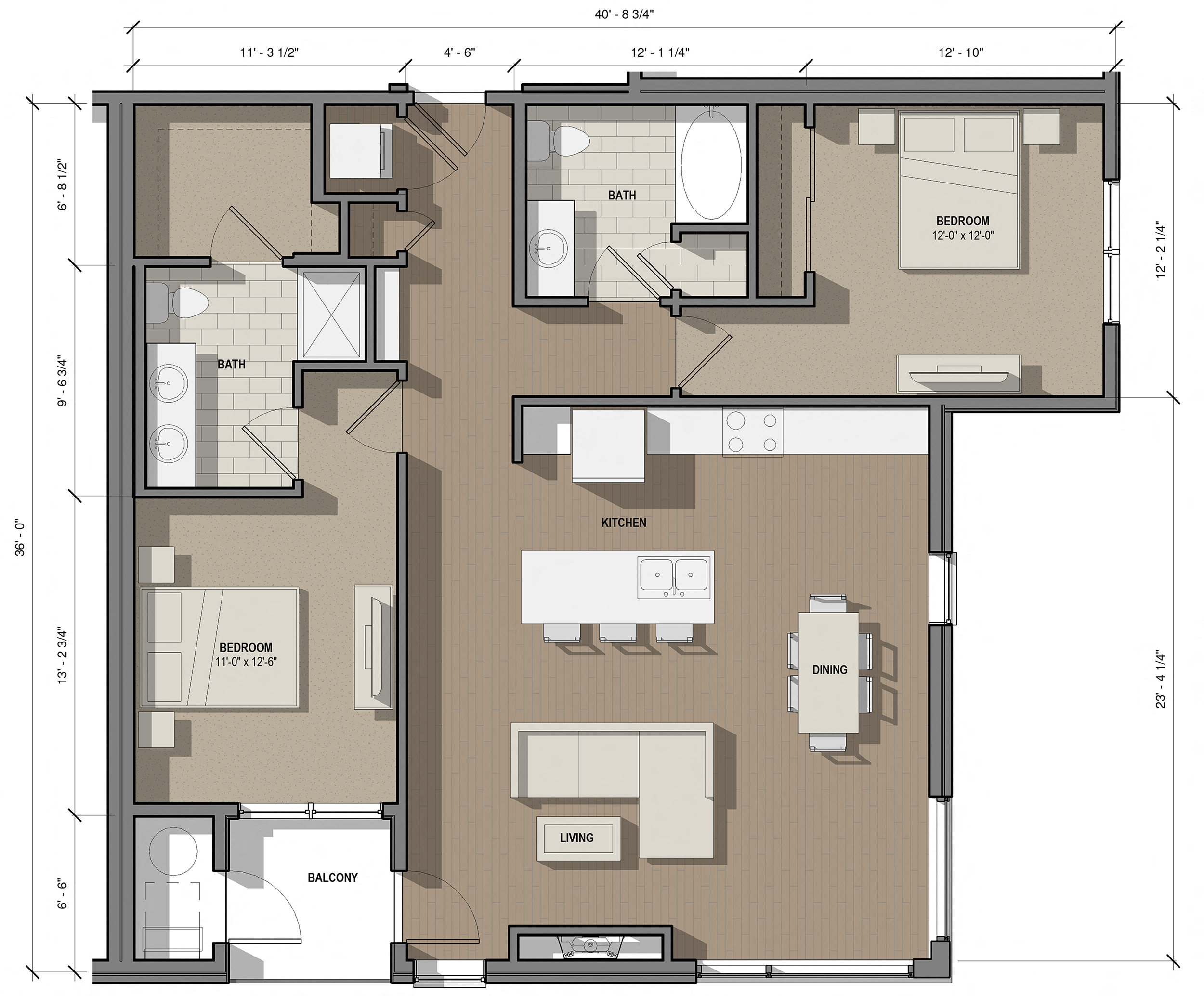 Floor plan for 2 beds, 2 baths, 1281 sqft