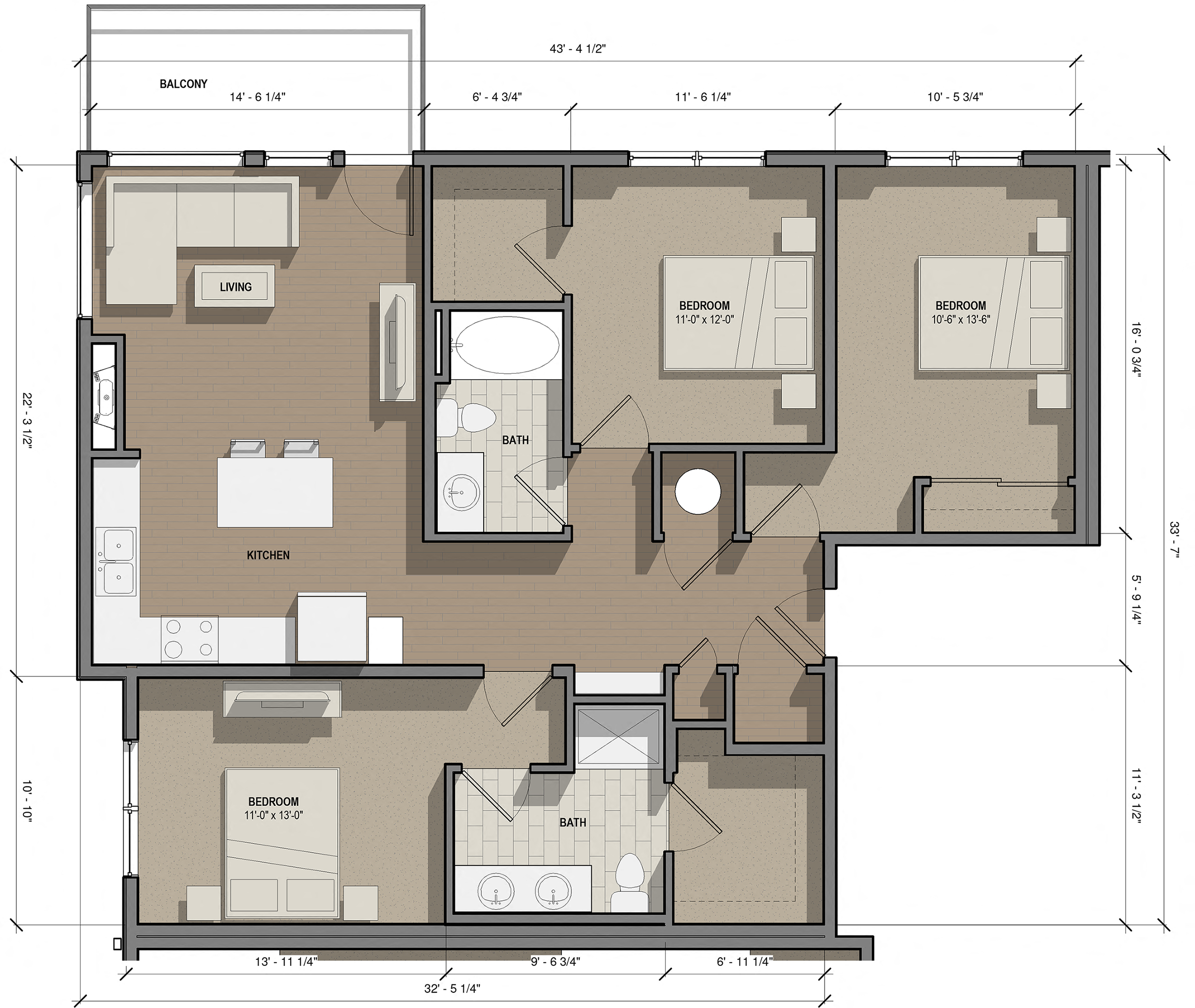 Floor plan for 3 beds, 2 baths, 1278 sqft