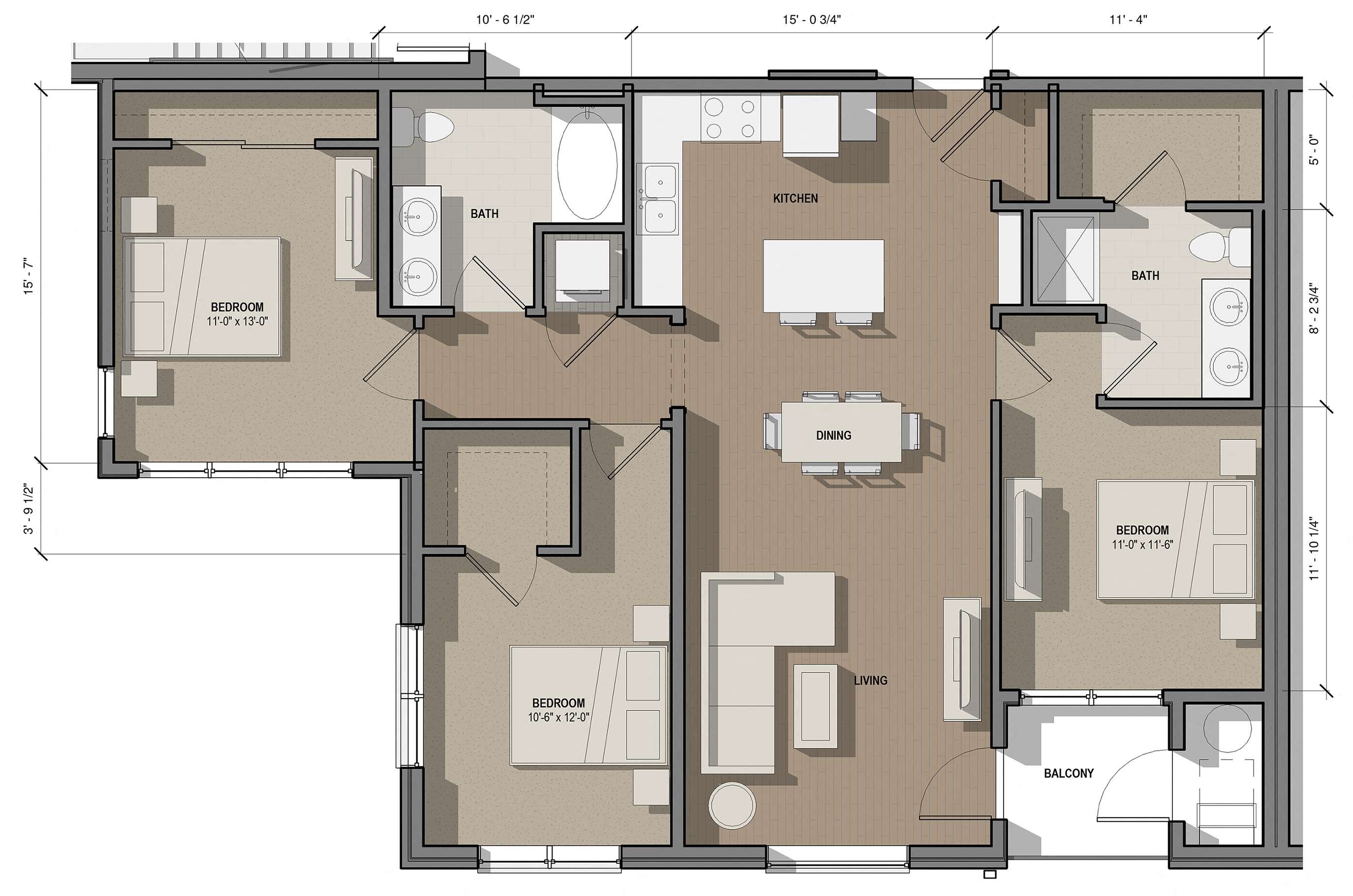 Floor plan for 3 beds, 2 baths, 1325 sqft