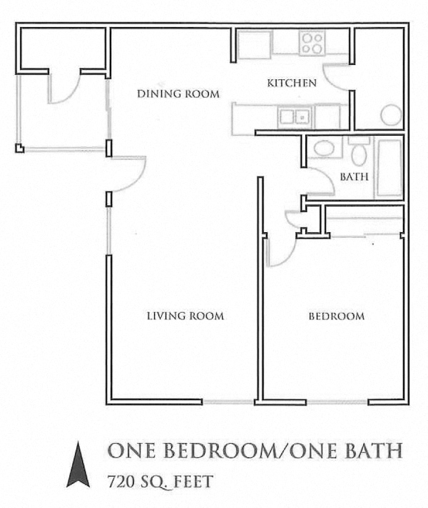 Floor plan for 1 bed, 1 bath, 650 sqft