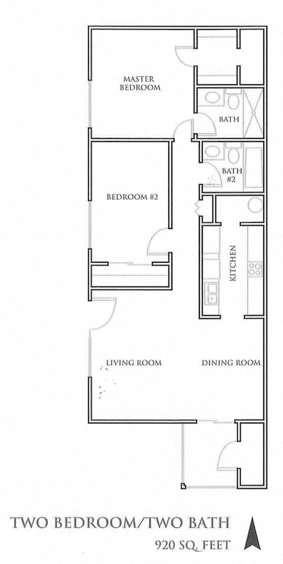 Floor plan for 2 beds, 2 baths, 800 sqft