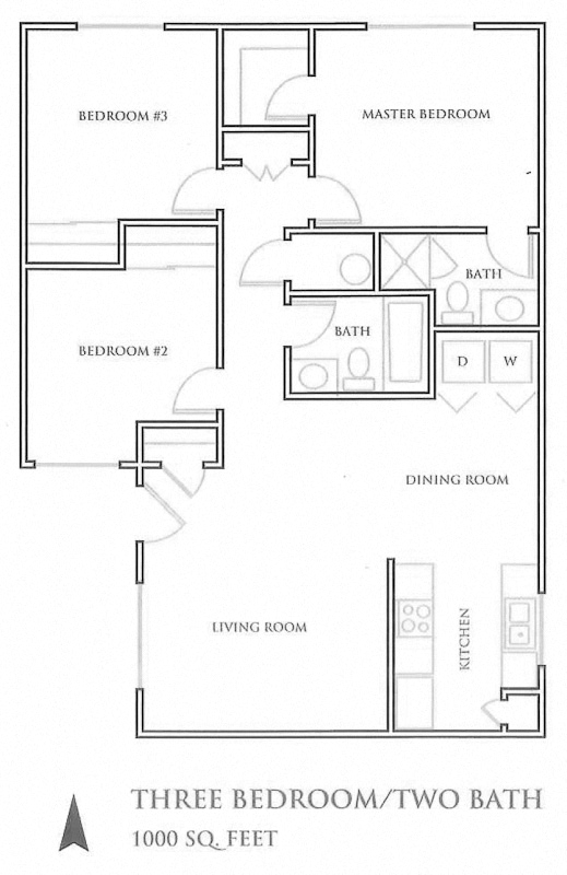 Floor plan for 3 beds, 2 baths, 999 sqft