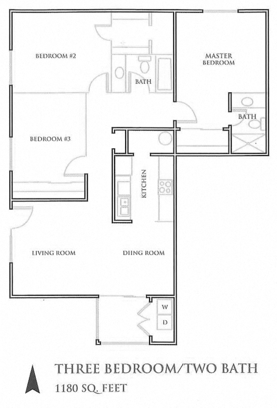 Floor plan for 3 beds, 2 baths, 1050 sqft