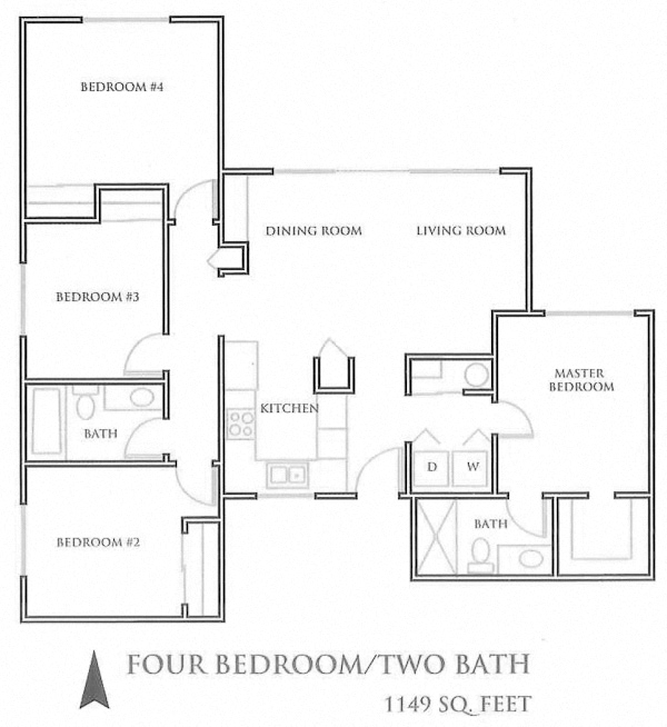 Floor plan for 4 beds, 2 baths, 1148 sqft