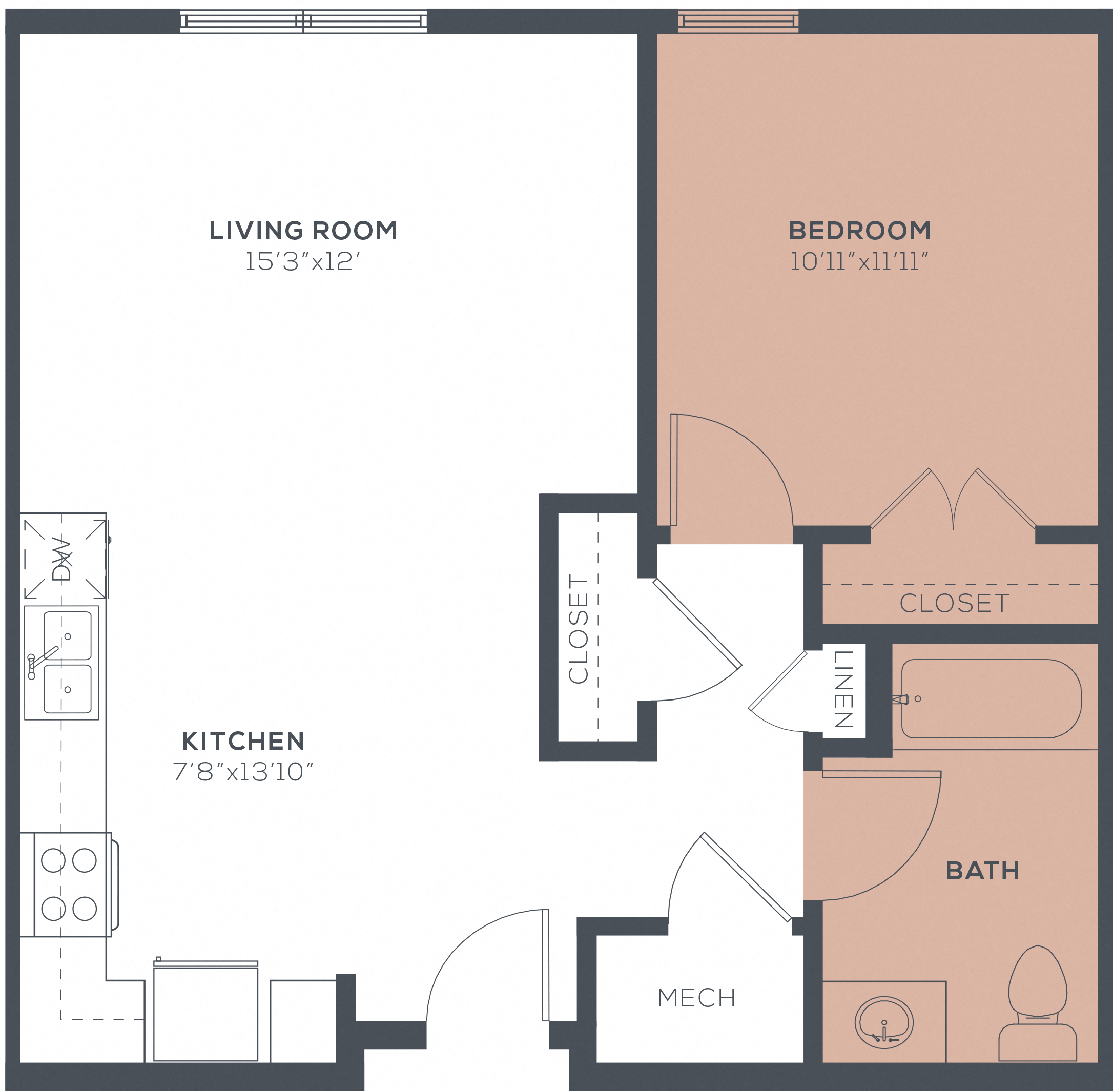Floor plan for 1 bed, 1 bath, 686 sqft