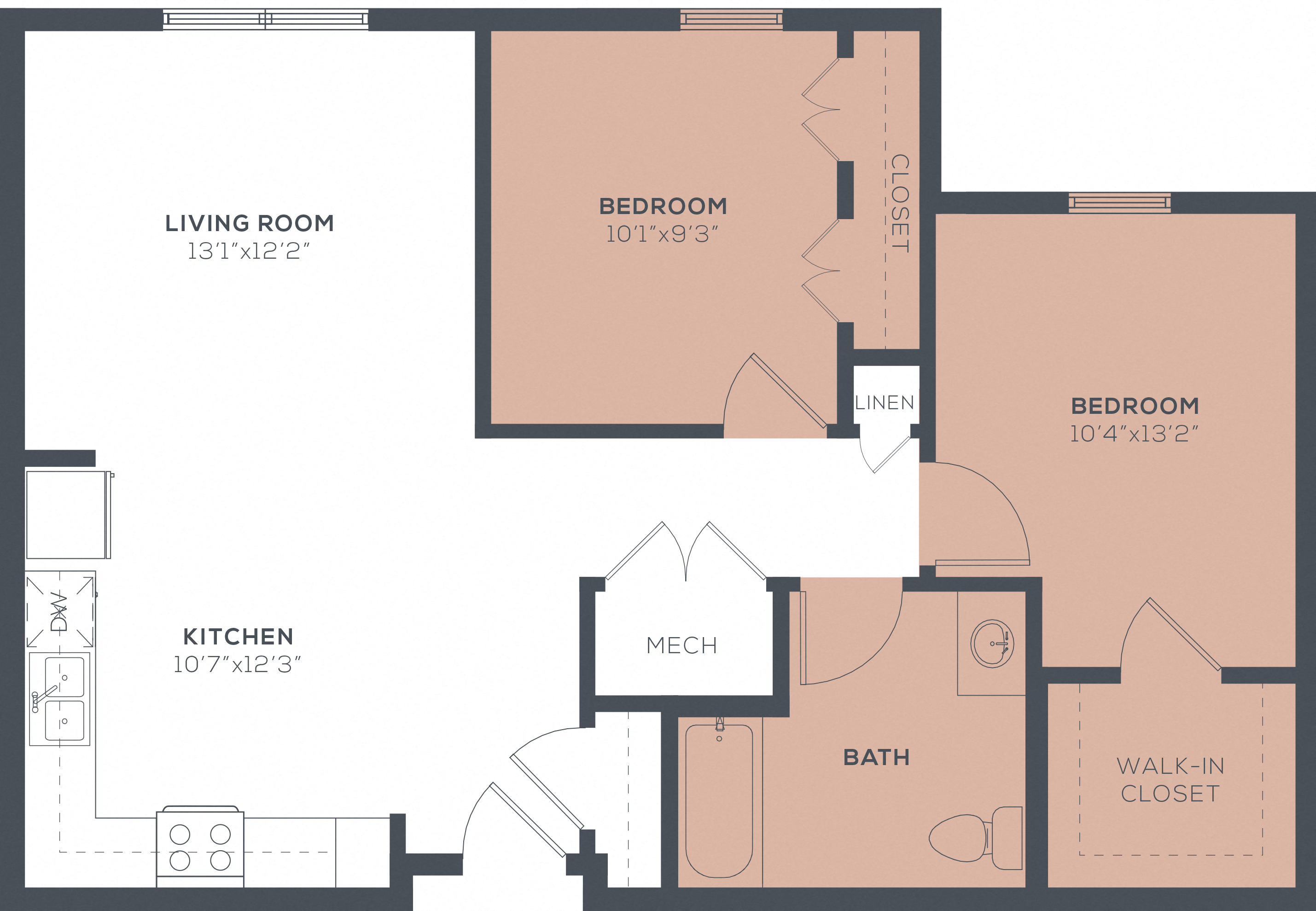 Floor plan for 2 beds, 1 bath, 911 sqft