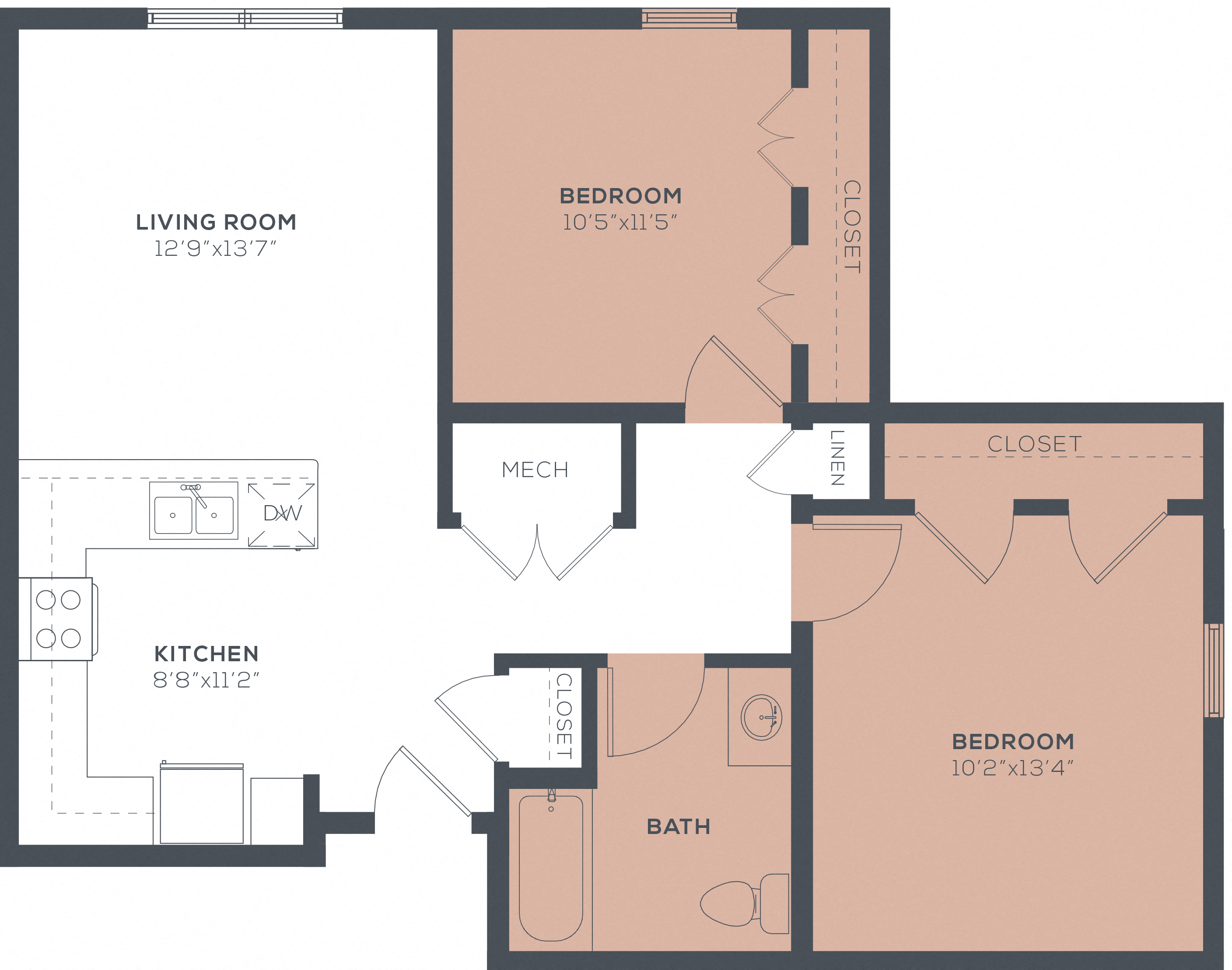 Floor plan for 2 beds, 1 bath, 901 sqft