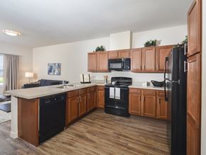 Cuyahoga Falls apartment for rent - a kitchen with wooden cabinets and a black stove and refrigerator