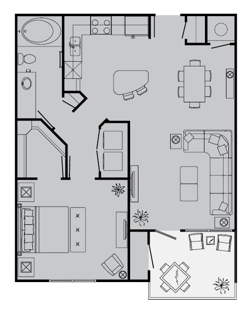 Floor plan for 1 bed, 1 bath, 748 sqft