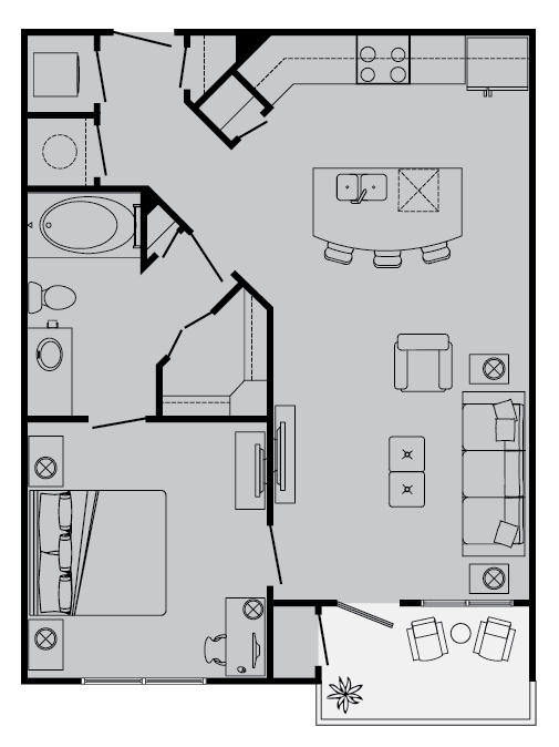 Floor plan for 1 bed, 1 bath, 709 sqft