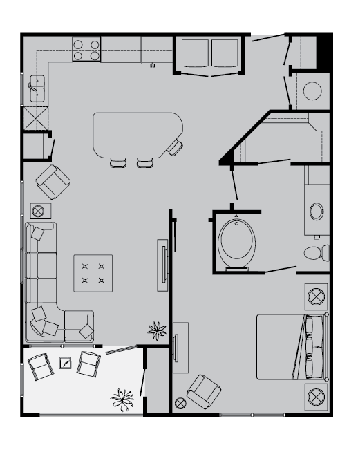 Floor plan for 1 bed, 1 bath, 828 sqft