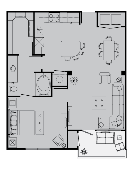 Floor plan for 1 bed, 1 bath, 783 sqft