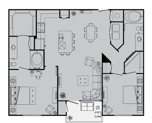 Floor plan for 2 beds, 2 baths, 1091 sqft