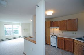 Minnetonka apartment for rent - an empty kitchen with wooden cabinets and a white stove