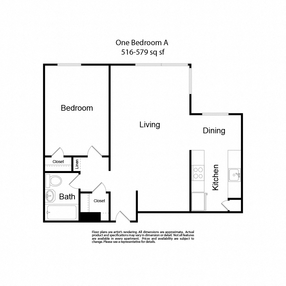 Floor plan for 1 bed, 1 bath, 575 sqft