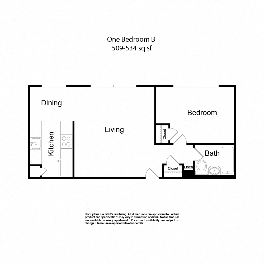 Floor plan for 1 bed, 1 bath, 534 sqft