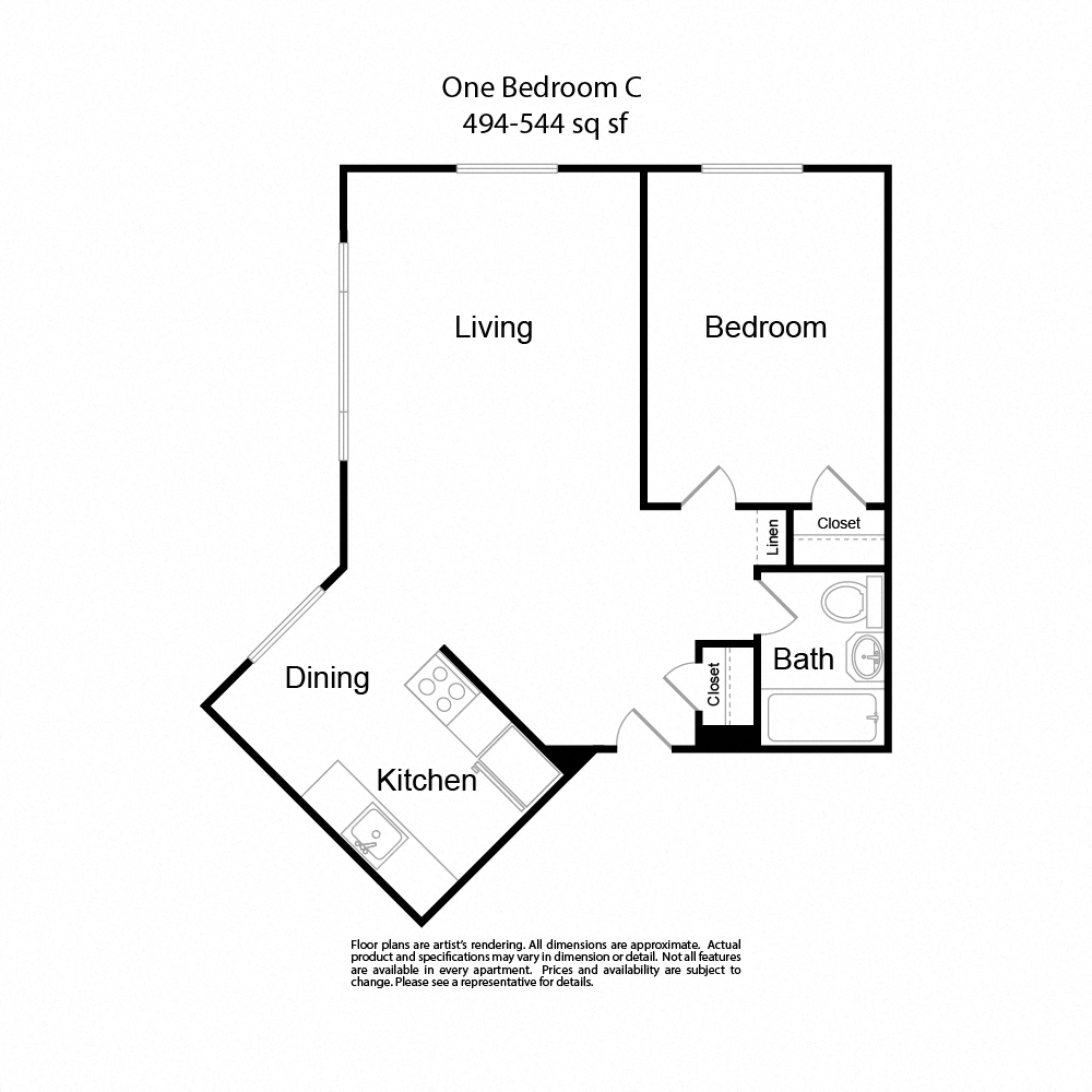 Floor plan for 1 bed, 1 bath, 541 sqft