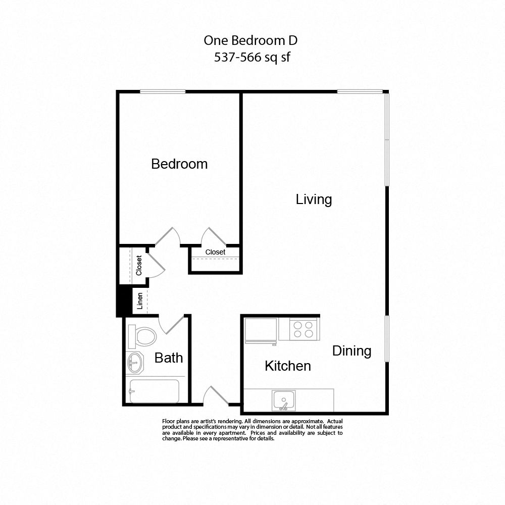 Floor plan for 1 bed, 1 bath, 537 sqft