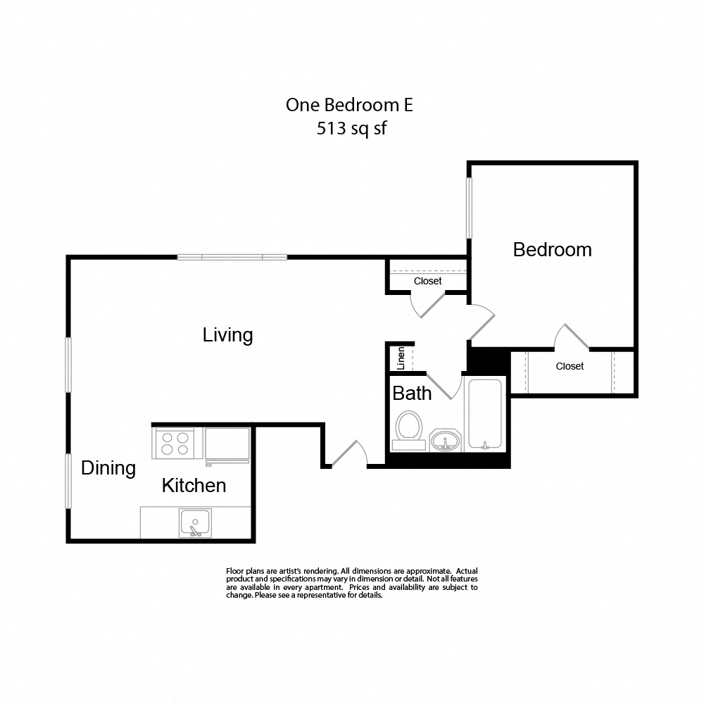 Floor plan for 1 bed, 1 bath, 513 sqft