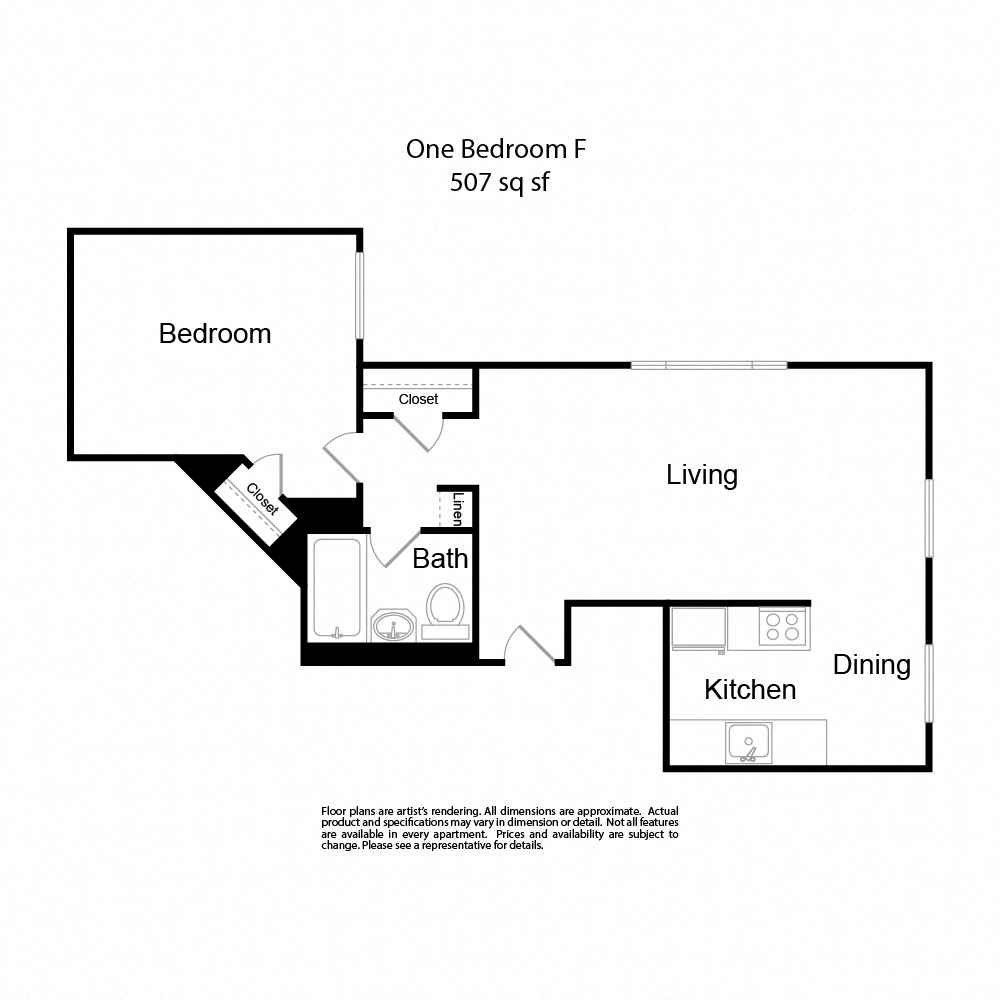 Floor plan for 1 bed, 1 bath, 507 sqft