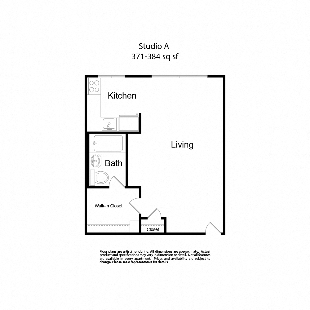 Floor plan for studio, 1 bath, 381 sqft