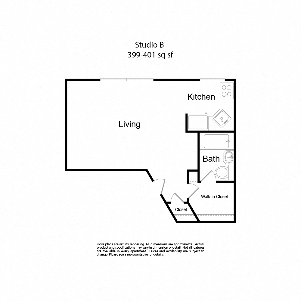 Floor plan for studio, 1 bath, 401 sqft