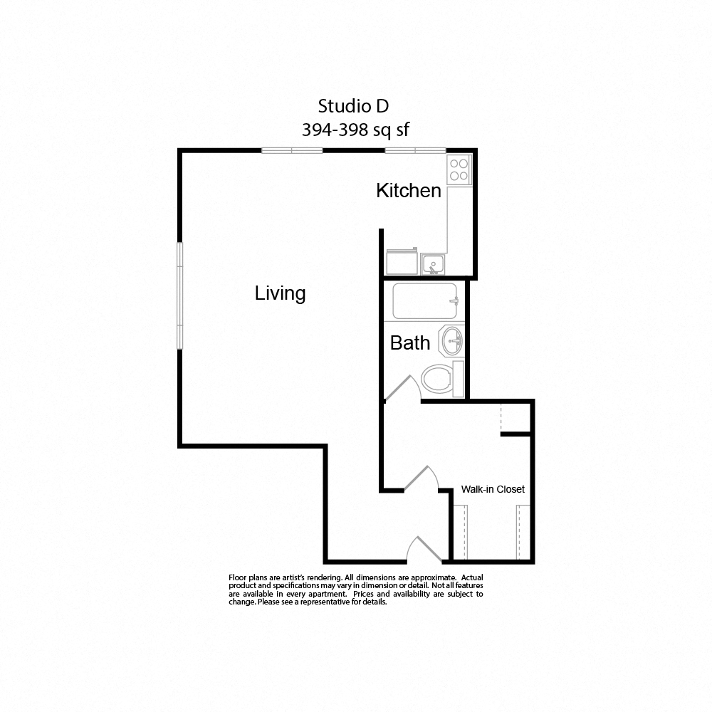 Floor plan for studio, 1 bath, 394 sqft