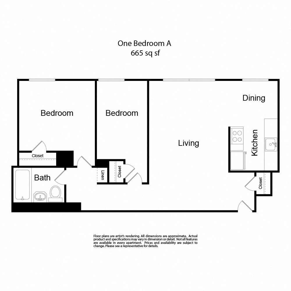 Floor plan for 2 beds, 1 bath, 665 sqft