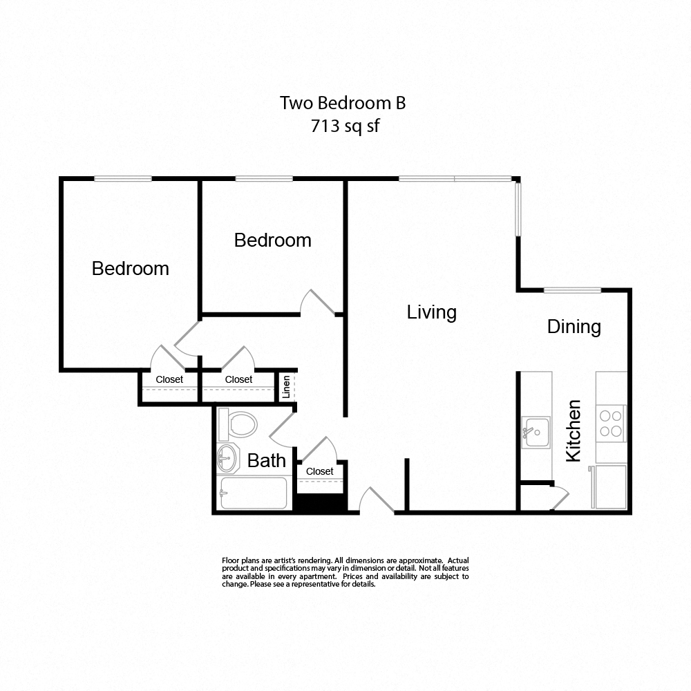 Floor plan for 2 beds, 1 bath, 713 sqft