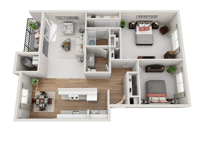 Floor plan for 2 beds, 1 bath, 1017 sqft