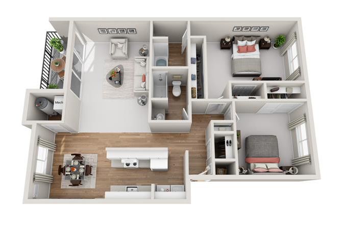Floor plan for 2 beds, 2 baths, 1088 sqft