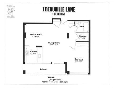 Floor plan for 1 bed, 1 bath, 623 sqft