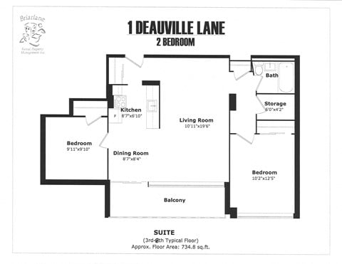 Floor plan for 2 beds, 1 bath, 740 sqft