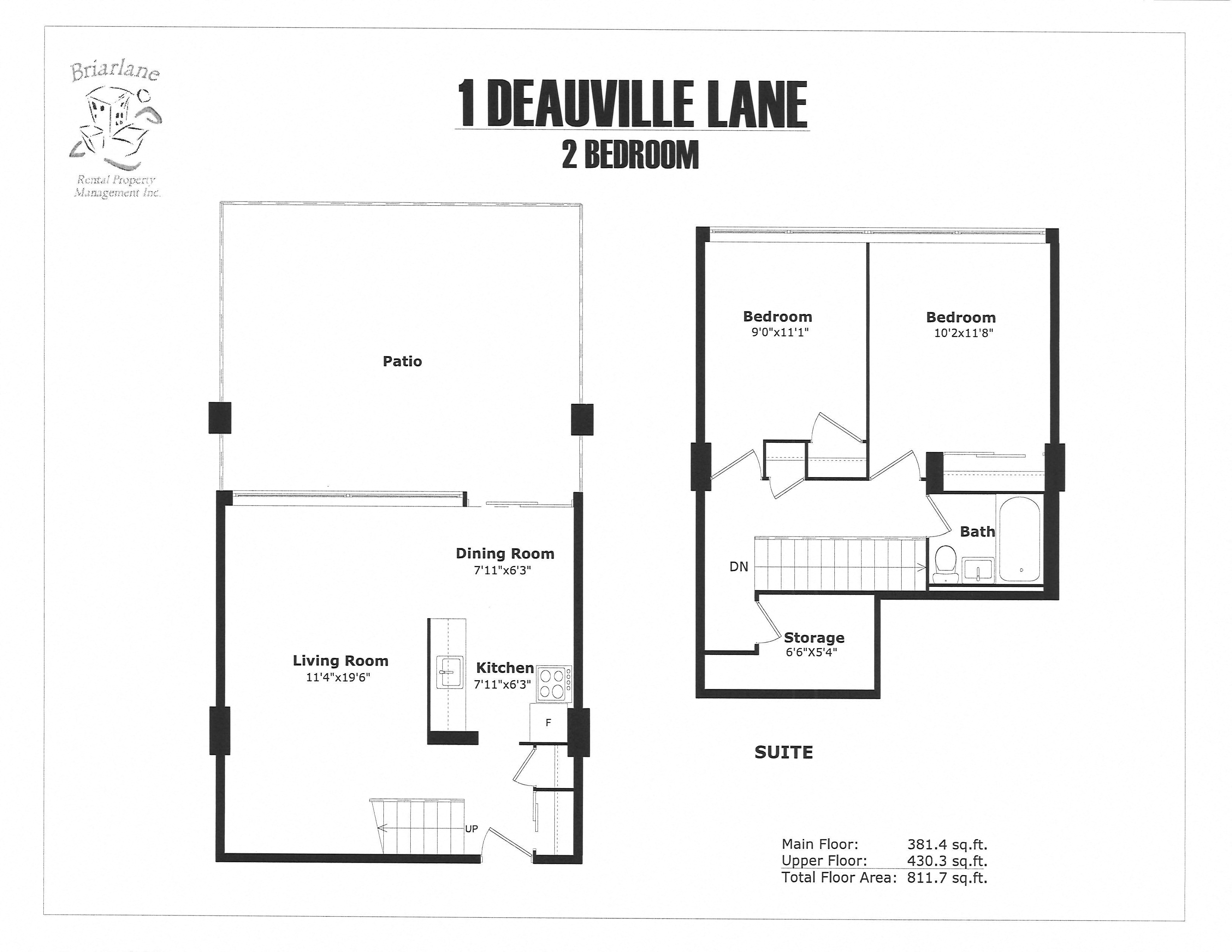 Floor plan for 2 beds, 1 bath, 812 sqft