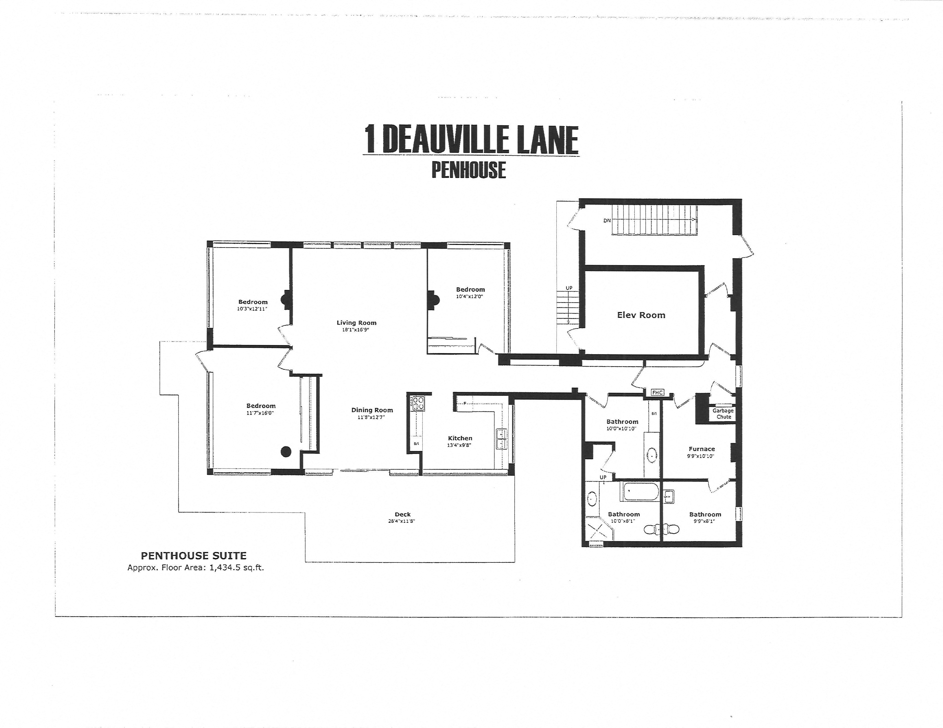 Floor plan for 3 beds, 2 baths, 1434 sqft