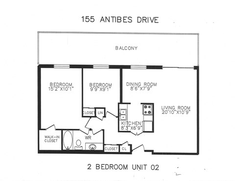 Floor plan for 2 beds, 1 bath, 828 sqft