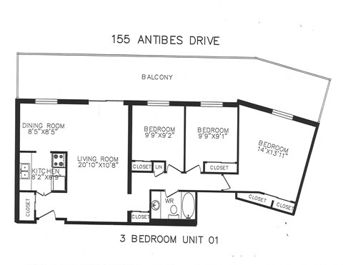 Floor plan for 3 beds, 1 bath, 986 sqft