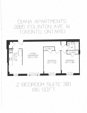 Floor plan for 2 beds, 1 bath, 638 sqft