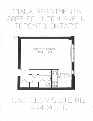 Floor plan for studio, 1 bath, 444 sqft
