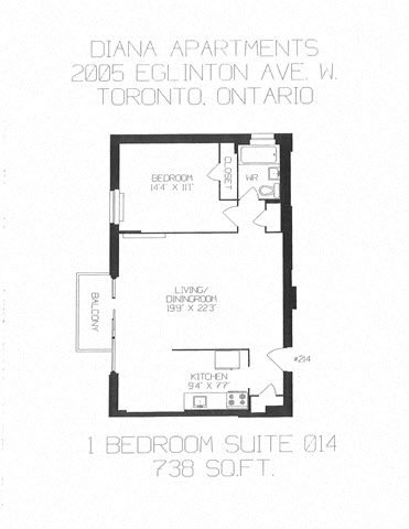 Floor plan for 1 bed, 1 bath, 738 sqft