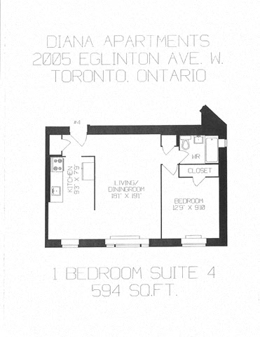 Floor plan for 1 bed, 1 bath, 638 sqft