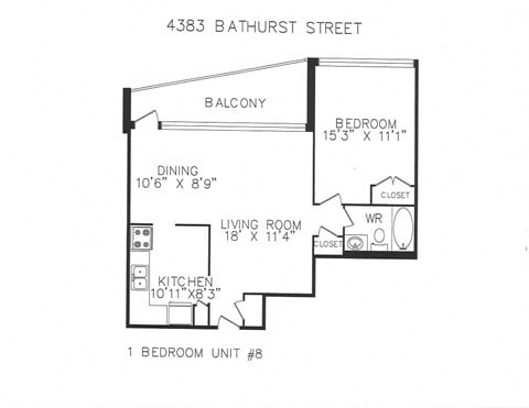 Floor plan for 1 bed, 1 bath, 670 sqft