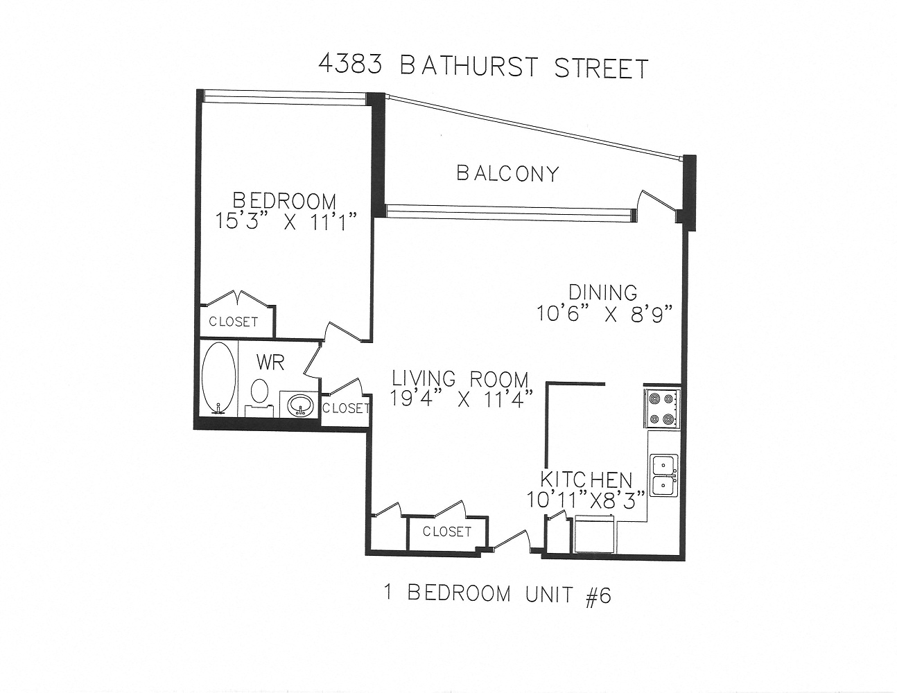 Floor plan for 1 bed, 1 bath, 845 sqft