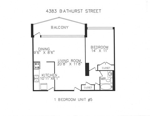 Floor plan for 1 bed, 1 bath, 685 sqft