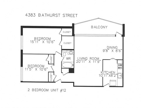 Floor plan for 2 beds, 1 bath, 890 sqft