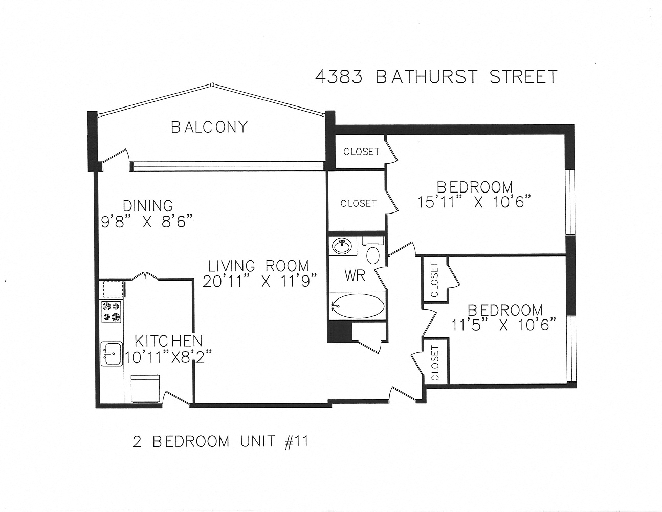 Floor plan for 2 beds, 1 bath, 905 sqft
